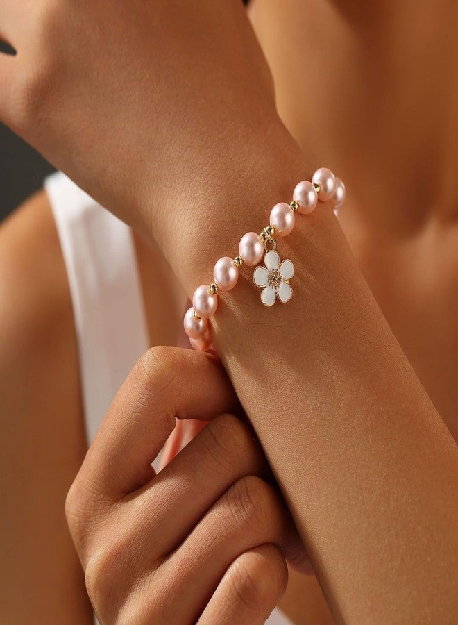 ENASAL Flower Gal Proposal Gifts from Bride,Daisy Bracelet for Women Dainty Pearl Bead charm Bracelet on Wedding Birthday Gifts for Her, Thank You Flower Gal Gift on Wedding Day (Pink) - Image 2